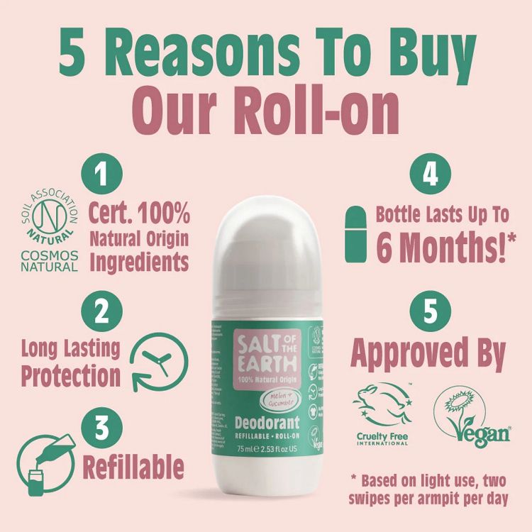 Salt of the Earth Melon & Cucumber Vegan Αποσμητικό, Επαναγεμιζόμενο Roll-On 75ml