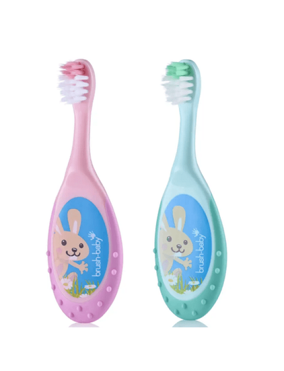 Brush-Baby FlossBrush Οδοντόβουρτσα και μασητικό 2 σε 1 για 0-3 ετών (Διπλή συσκευασία) -Ροζ/Τιρκουάζ