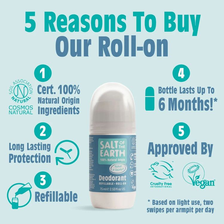 Salt of the Earth Ocean & Coconut Vegan Αποσμητικό, Επαναγεμιζόμενο Roll-On 75ml