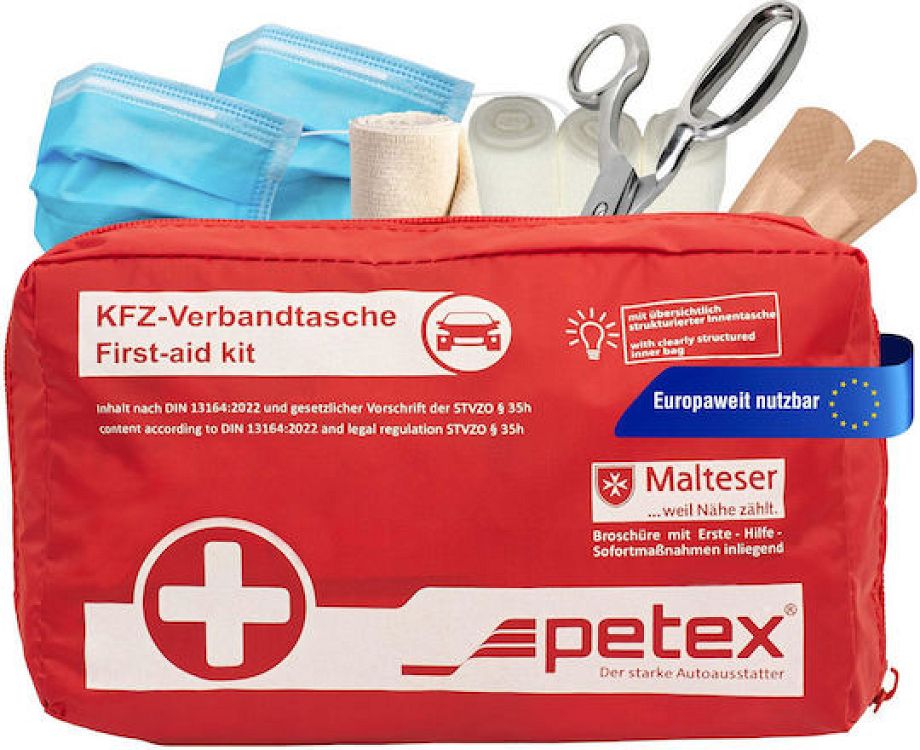 PETEX Φαρμακείο Πρώτων Βοηθειών Αυτοκινήτου με Εξοπλισμό Σε Πλαστικό Κουτί & Βασικές Οδηγίες Πρώτων Βοηθειών