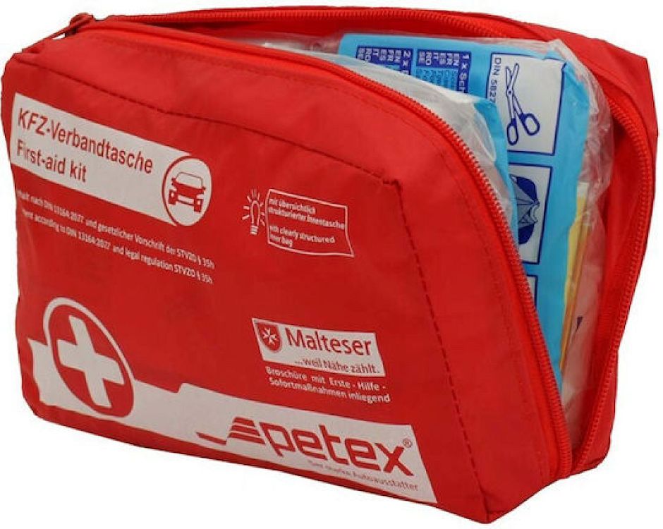 PETEX Φαρμακείο Πρώτων Βοηθειών Αυτοκινήτου με Εξοπλισμό Σε Πλαστικό Κουτί & Βασικές Οδηγίες Πρώτων Βοηθειών