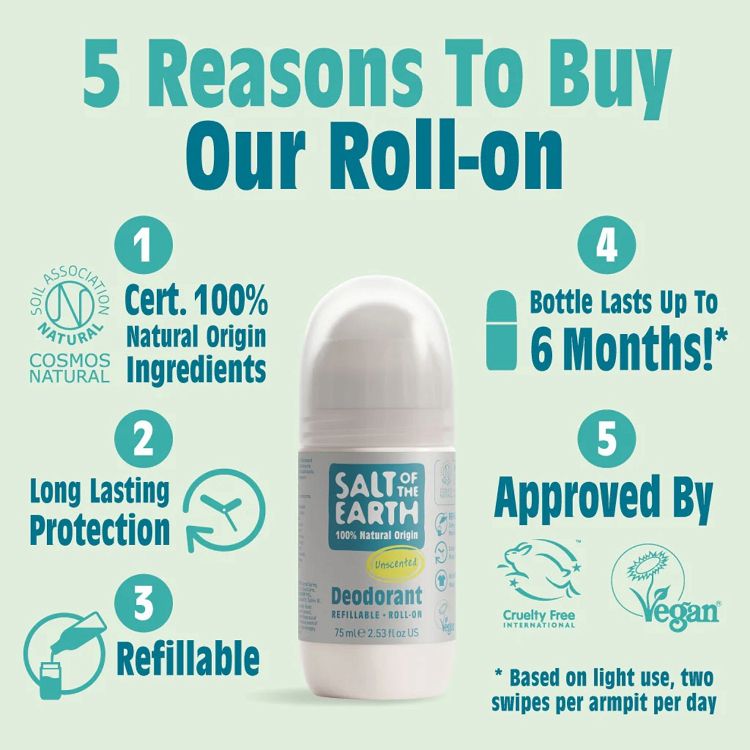 Salt of the Earth Unscented Vegan Αποσμητικό, Επαναγεμιζόμενο Roll-On Χωρίς Άρωμα 75ml