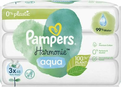 Pampers Harmonie Aqua Μωρομάντηλα με 99% Νερό, χωρίς Οινόπνευμα & Άρωμα 3x48τμχ