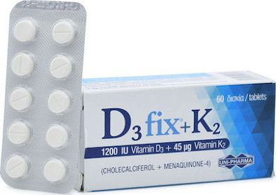 Uni-Pharma D3 Fix + K2 Βιταμίνη για Ανοσοποιητικό 1200iu 45mg 60 ταμπλέτες
